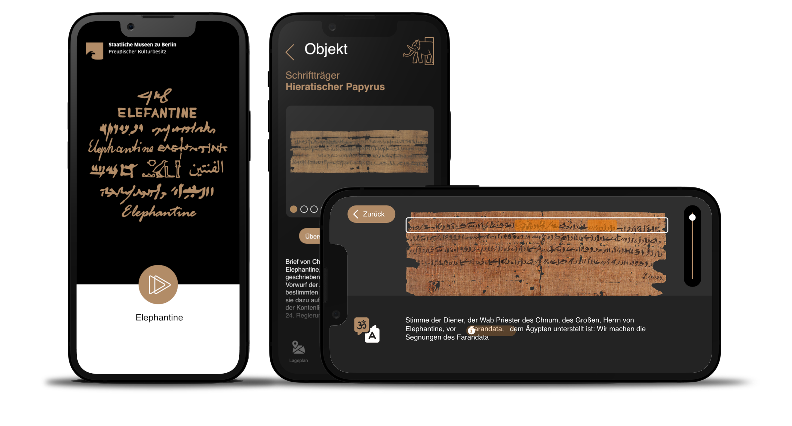3 Smartphones mit einem Beispielbild der Elephantine-App